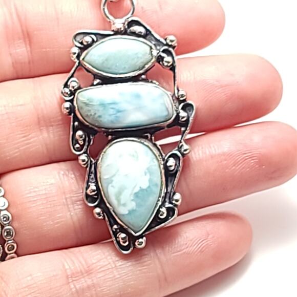 Triple Larimar Stone Silver Pendant (2") on 18" Necklace - Picture 9 of 9
